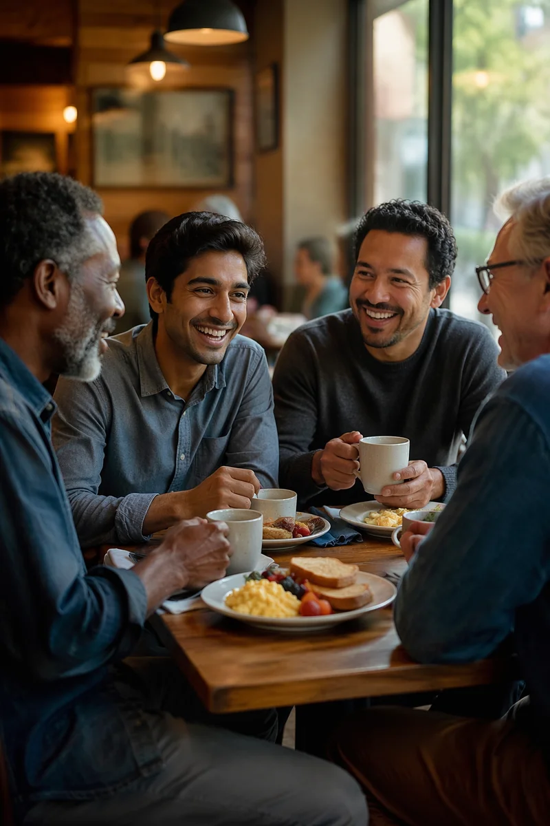 Four Men Sharing Breakfast at Cafe