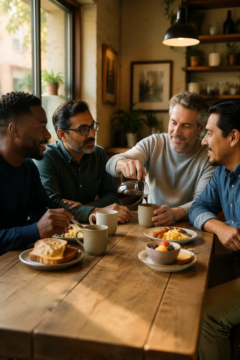 Four Men Sharing Breakfast in Sunlit Café