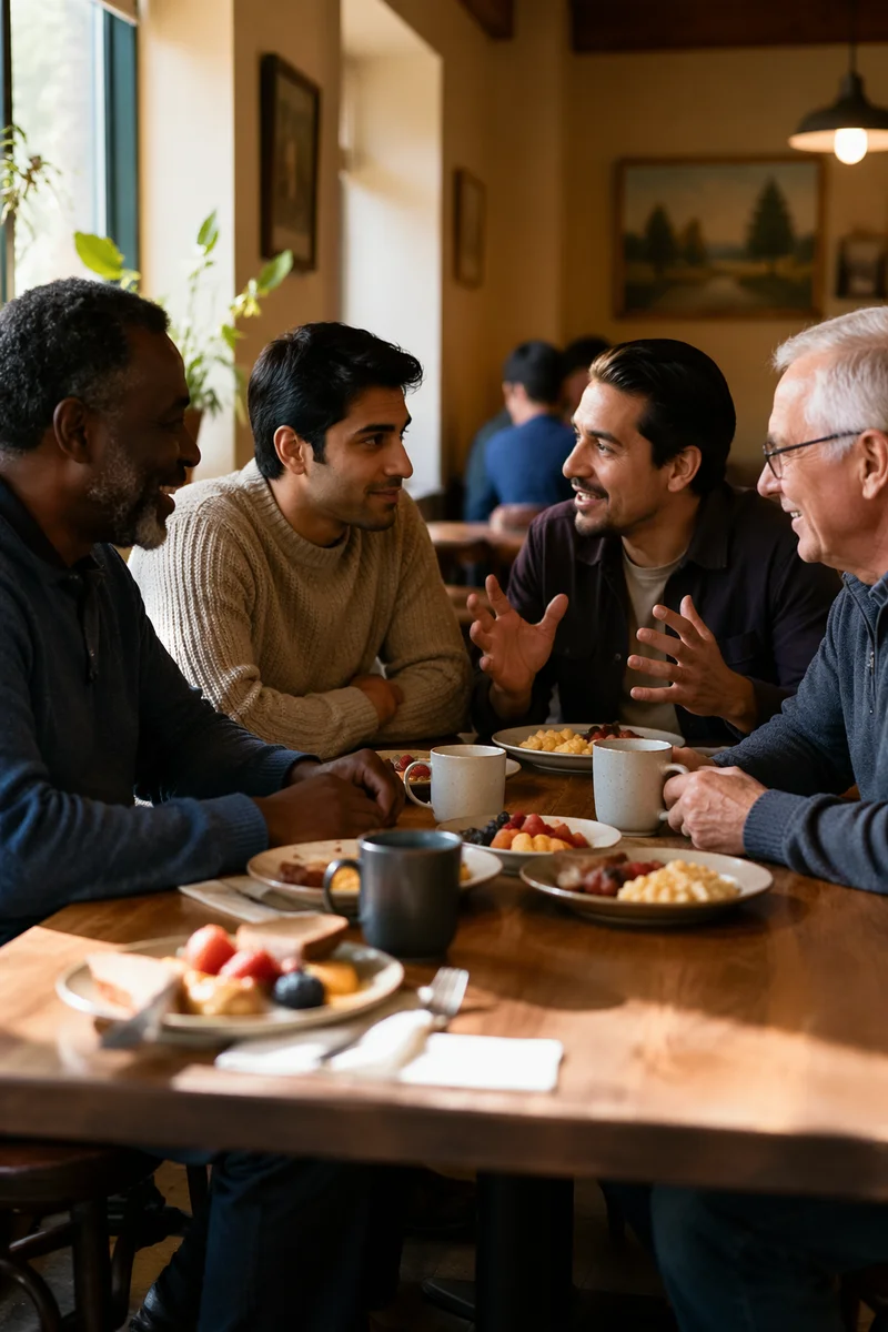 Four Men Talking Over Breakfast Table