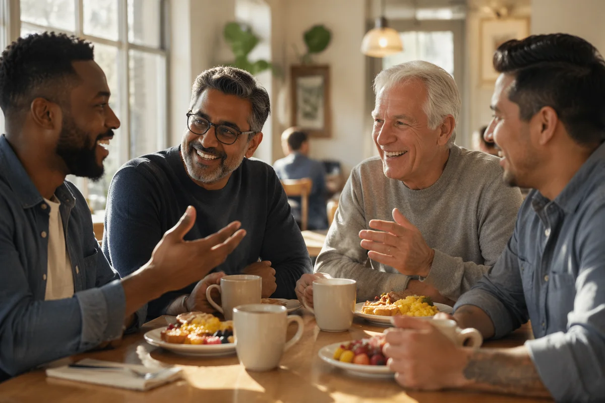 Four Men Sharing Breakfast in Café