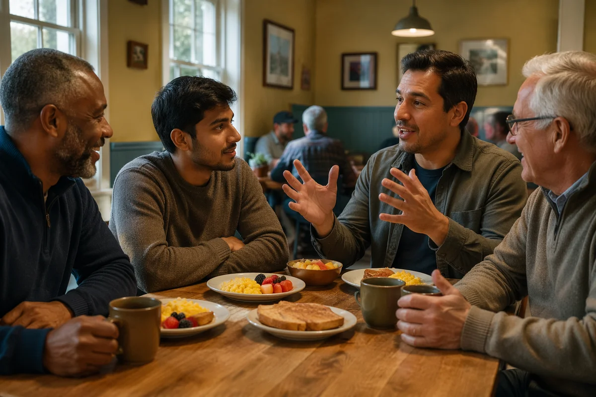 Four Men Talking Over Breakfast Table