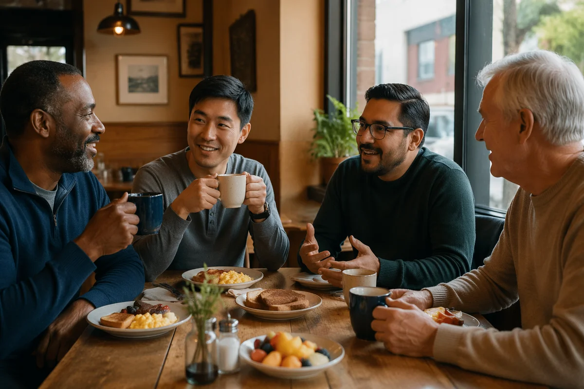 Four Men Sharing Breakfast at Cafe