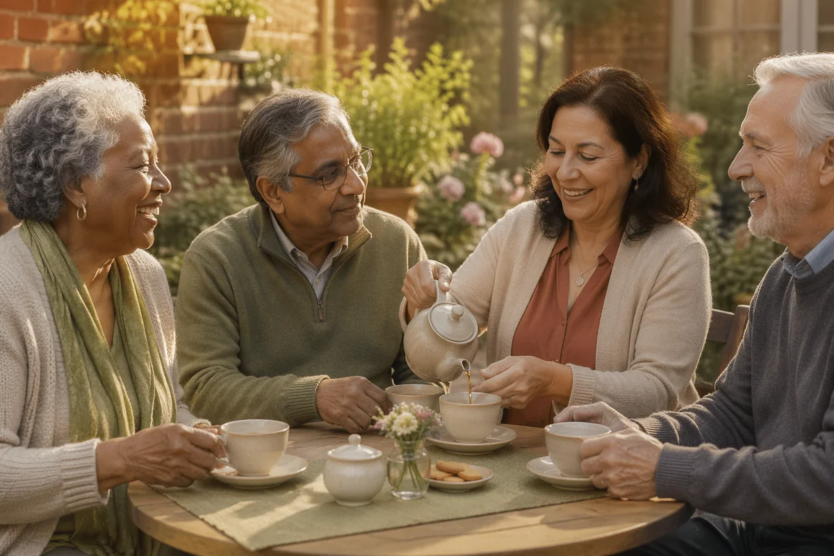 Senior Friends Sharing Tea in Garden Courtyard