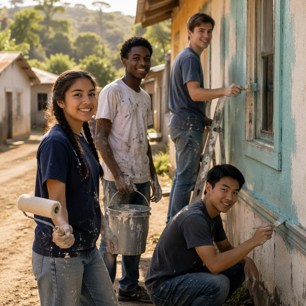 Teen Volunteers Painting Community Building Exterior