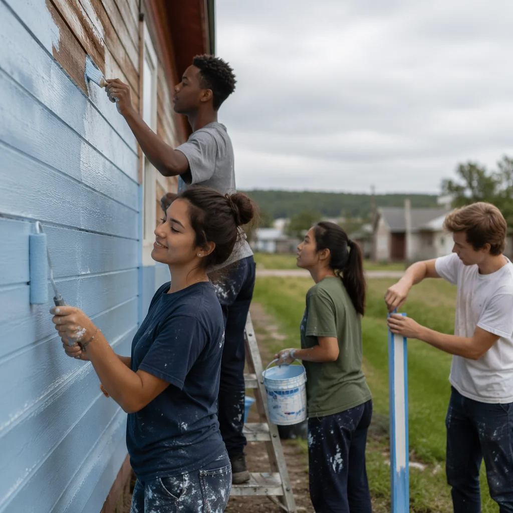 Teenagers Painting Community Center Exterior Together