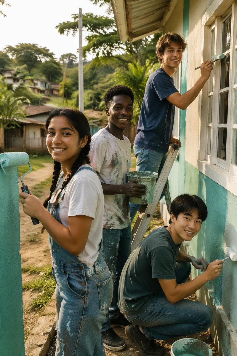 Teen Volunteers Painting Community Building Exterior