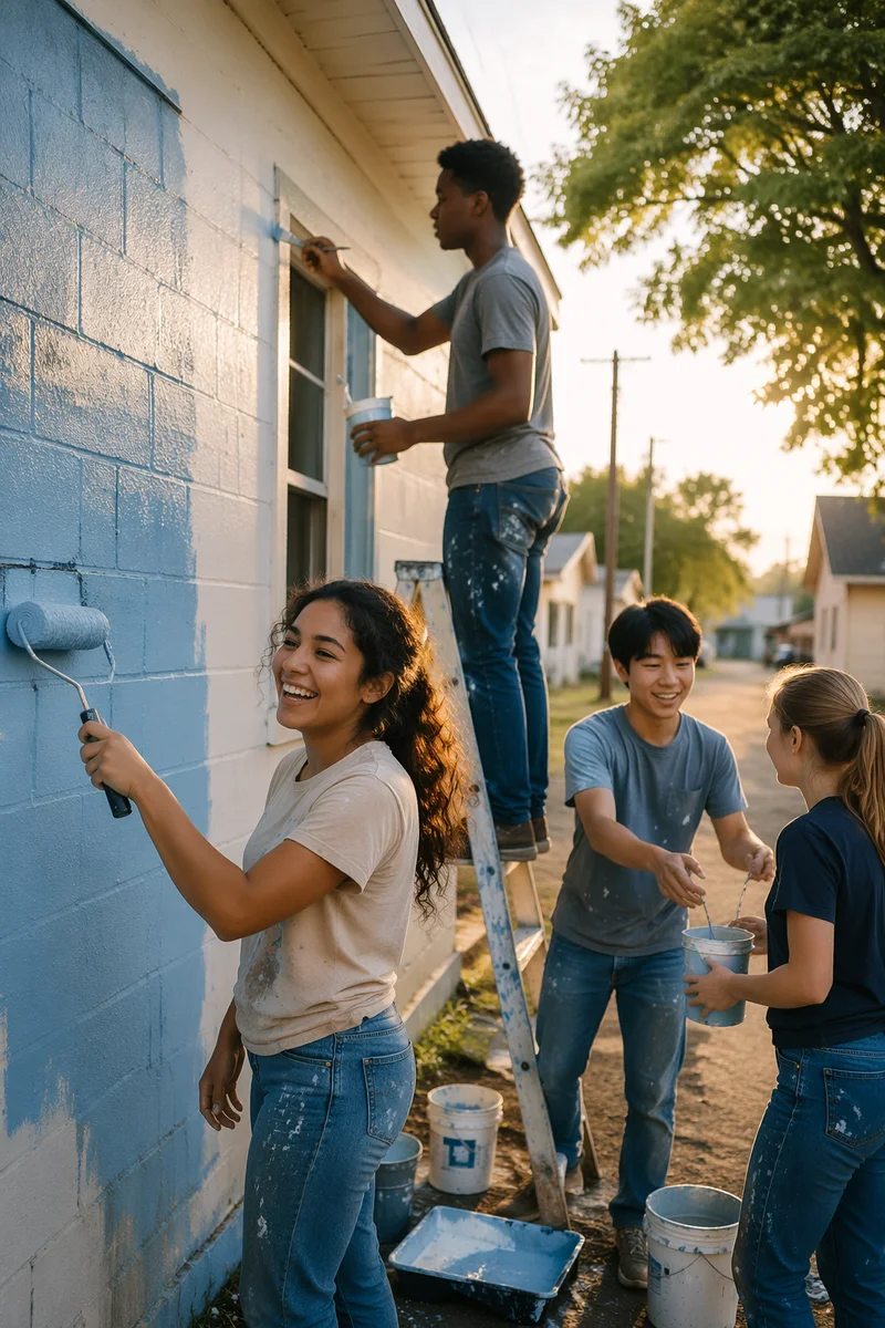 Teen Volunteers Painting Community Building Exterior