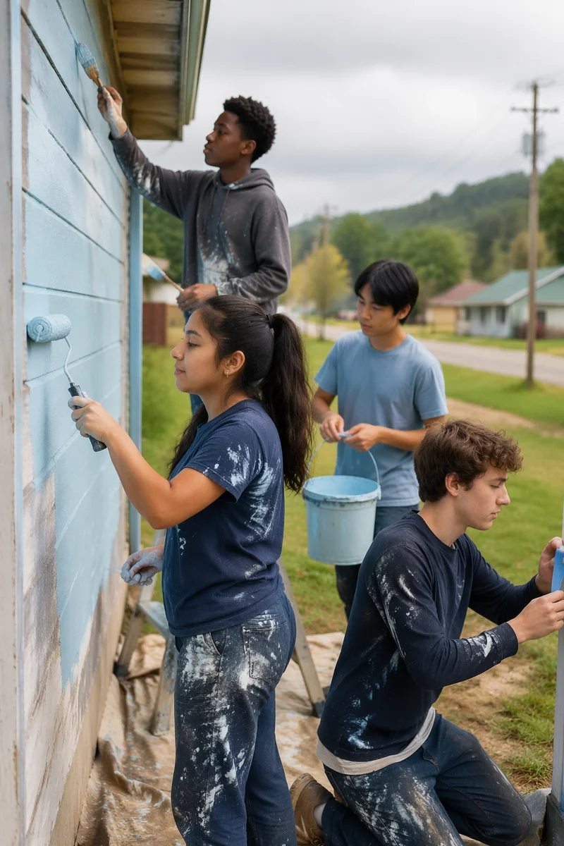 Teenagers Repainting Community Center Exterior Together