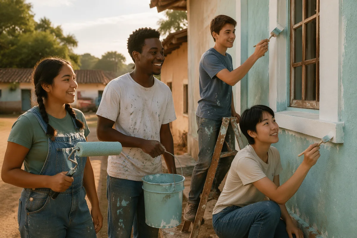 Diverse Teen Volunteers Painting Building Exterior