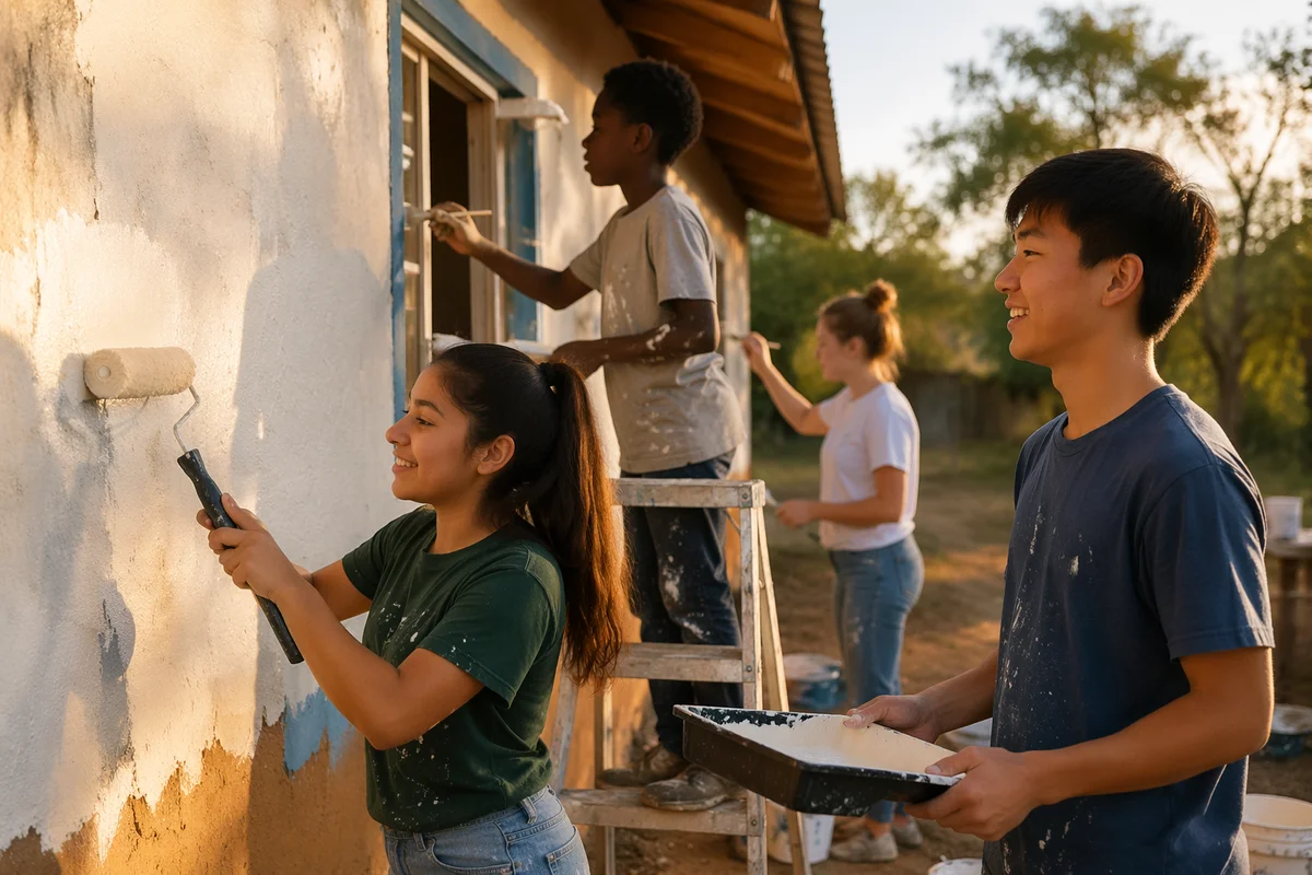 Teen Volunteers Painting Community Building Exterior
