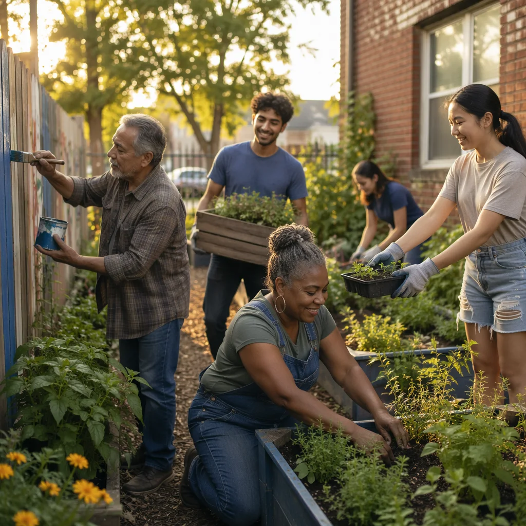 Volunteers Working in Neighborhood Community Garden
