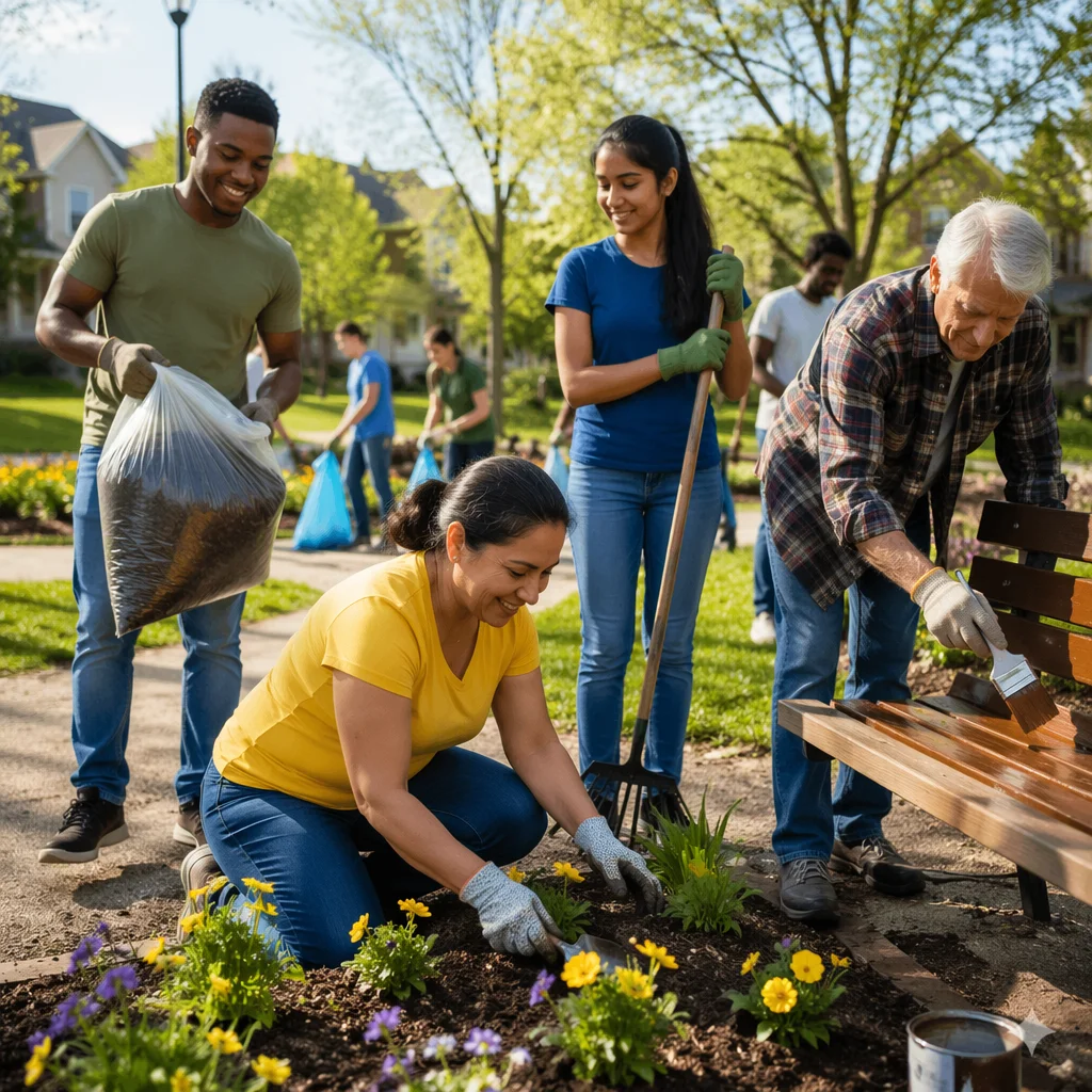 Volunteers Working Together in Neighborhood Park