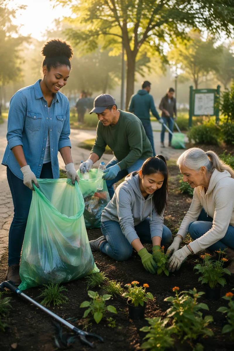 Diverse Volunteers Cleaning Park at Sunrise