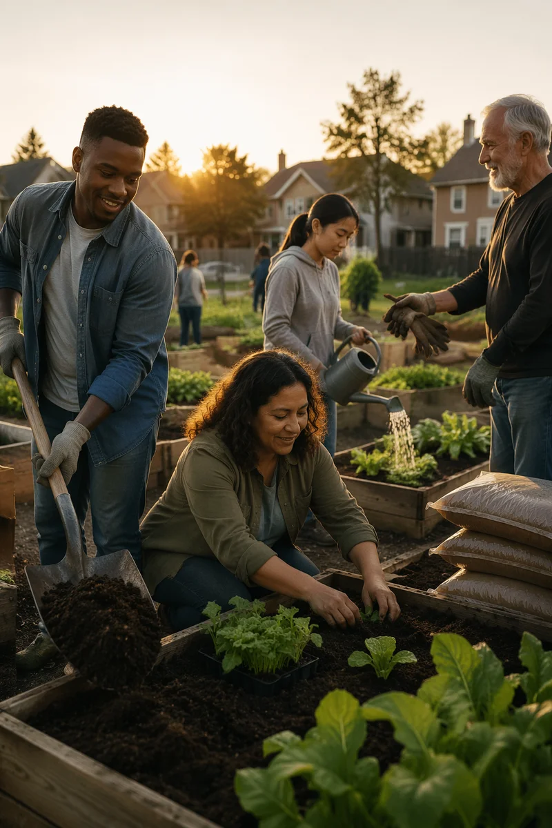 Volunteers Working in Community Garden at Sunrise