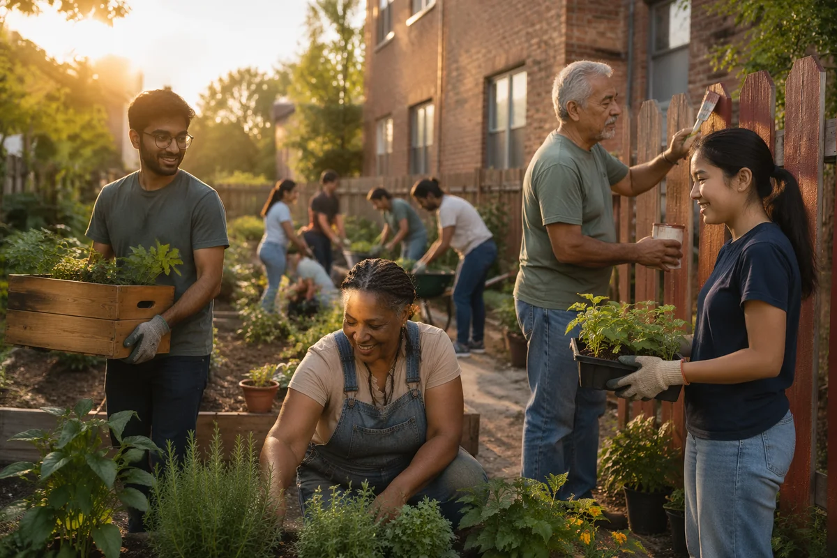 Volunteers Working in Neighborhood Community Garden
