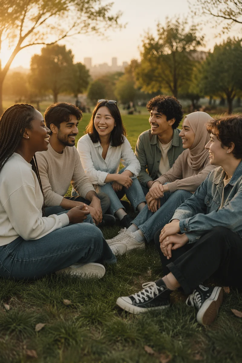 Diverse Young Friends Laughing on Grassy Hill