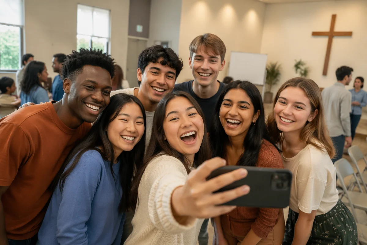 Diverse Youth Group Selfie in Church Hall