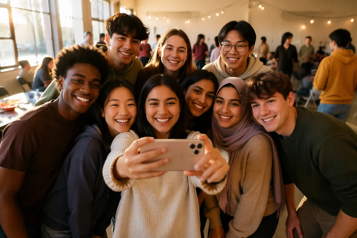 Diverse Youth Group Taking Indoor Selfie