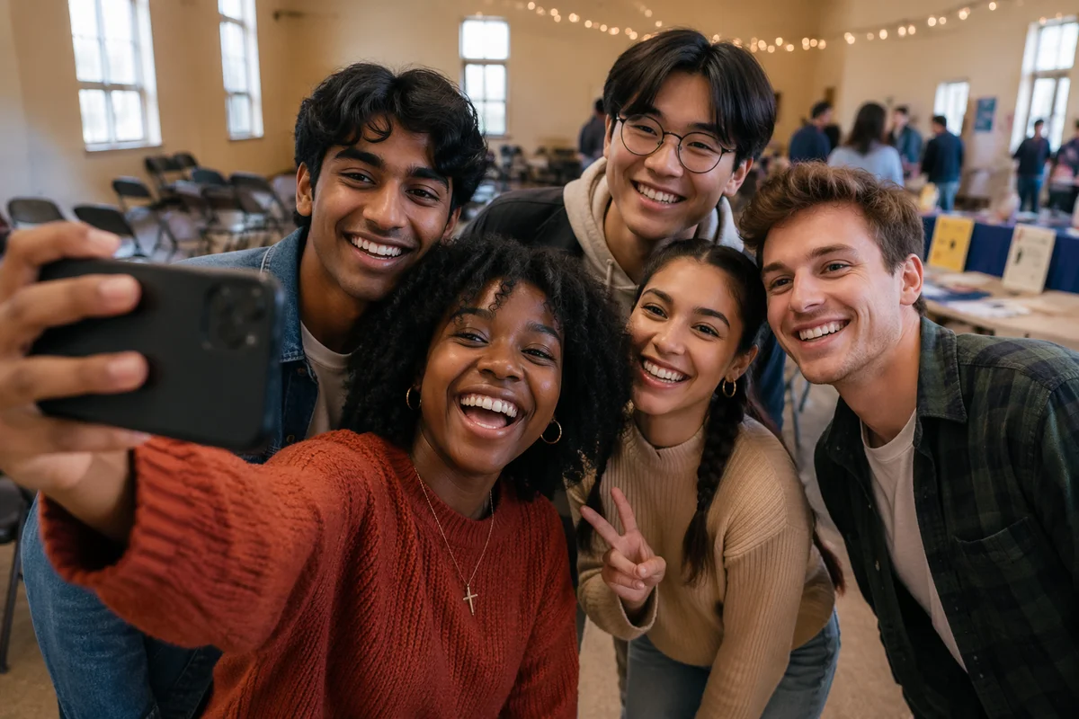 Diverse Youth Group Selfie in Hall
