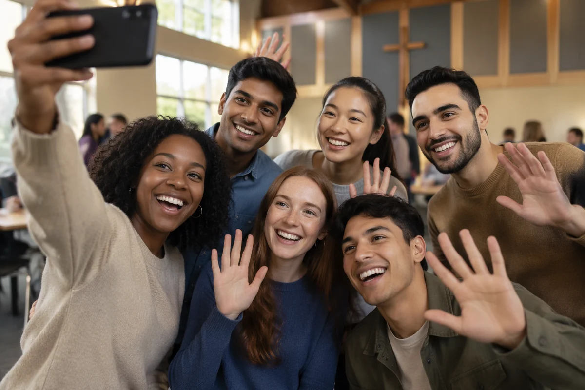 Diverse Young Adults Taking Group Selfie