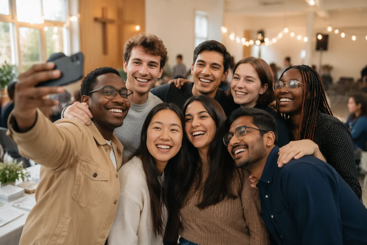 Diverse Young Adults Taking Group Selfie