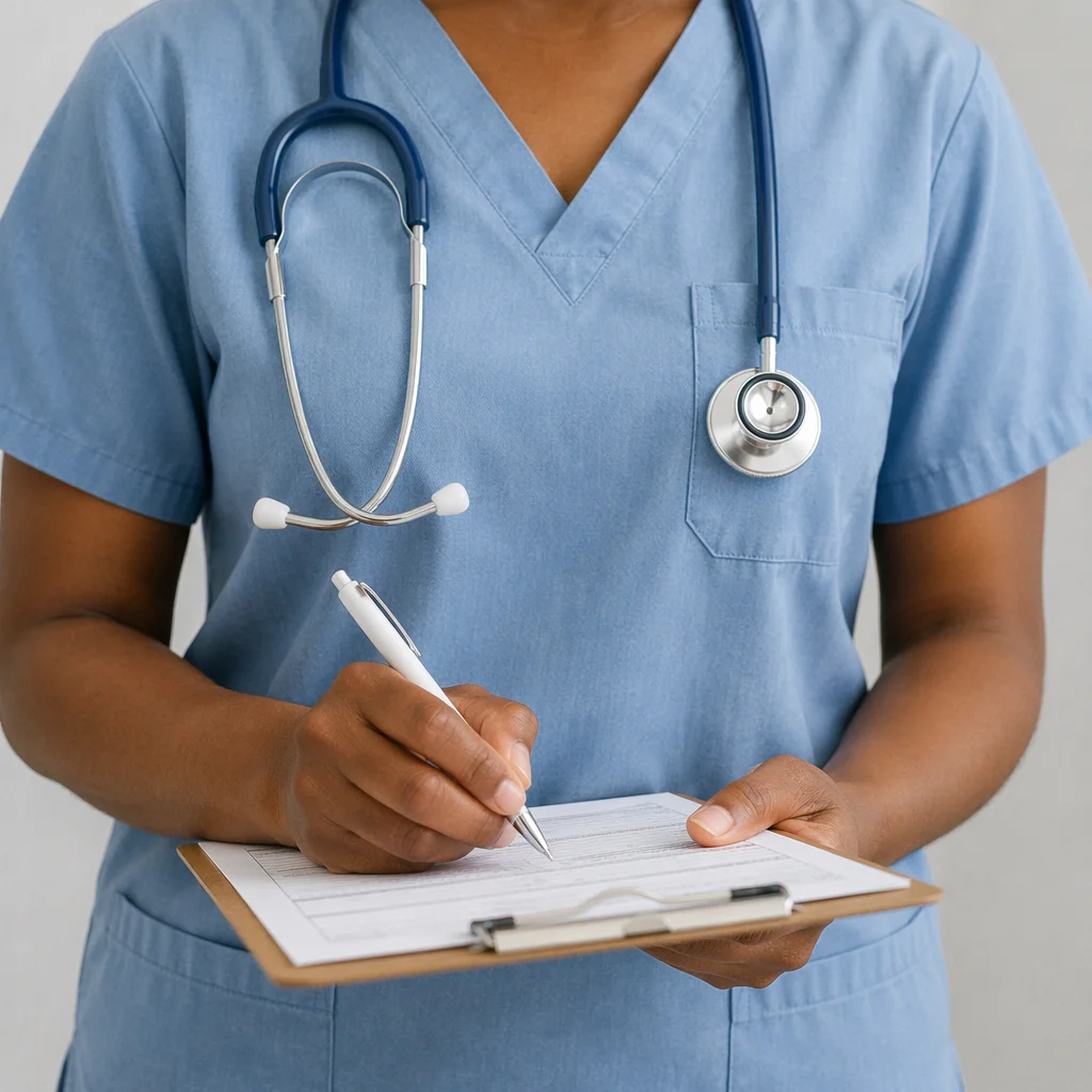 Compassionate Healthcare Worker Writing on Clipboard