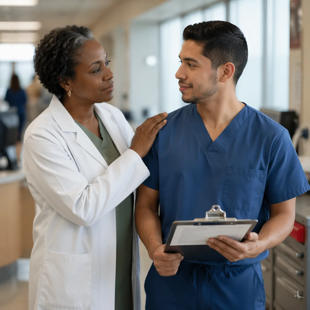 Compassionate Doctor and Nurse in Hospital Corridor