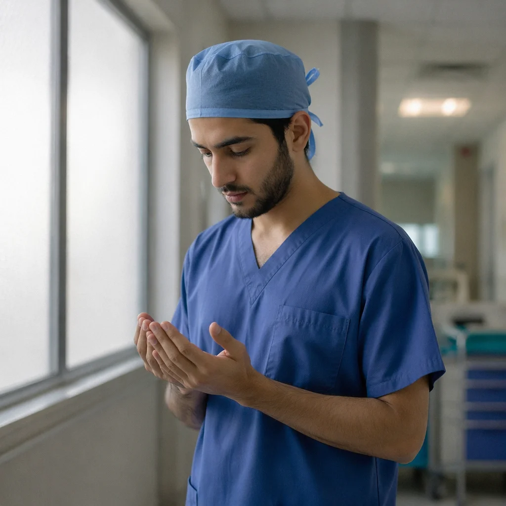 Surgeon Praying Before Surgery in Hospital