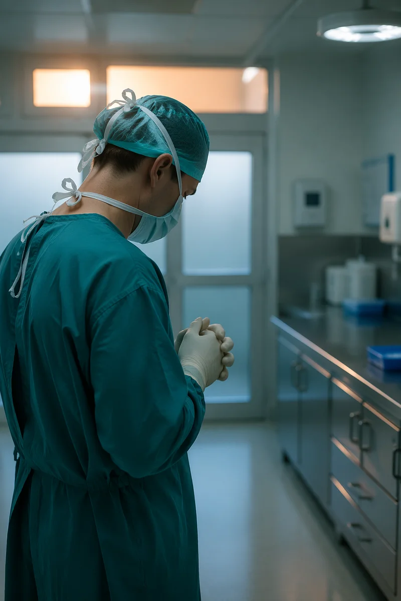 Surgeon Praying Before Surgery in Scrubs