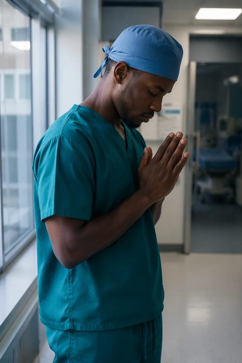 Surgeon Praying Before Surgery in Hospital