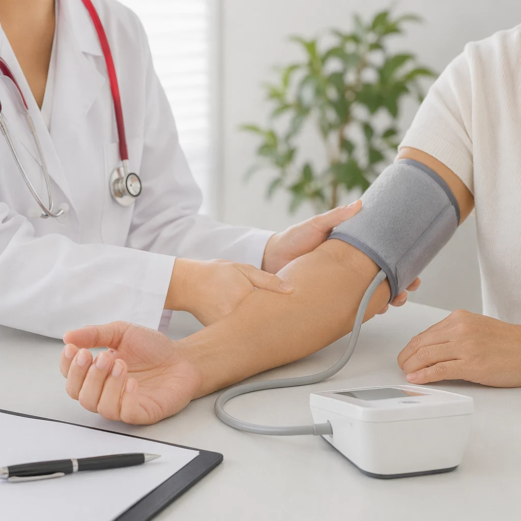 Doctor Checking Blood Pressure in Clinic