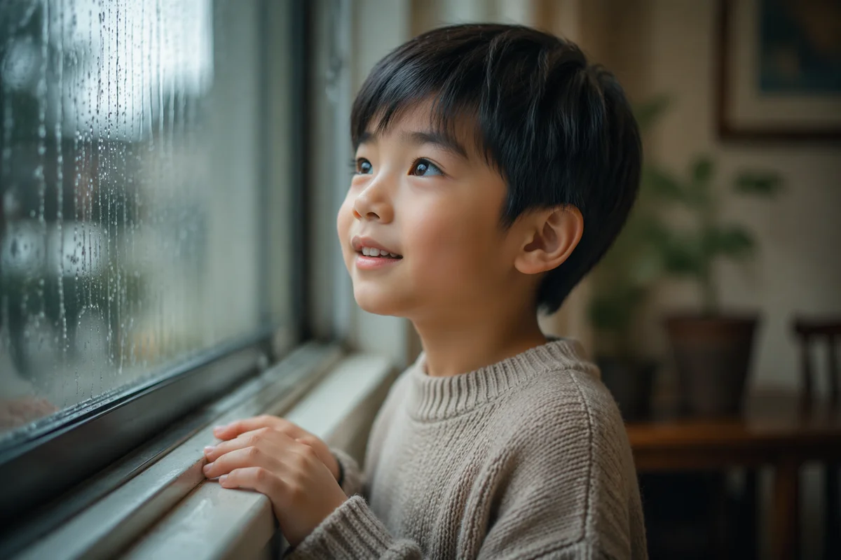 Curious Child by Rainy Window
