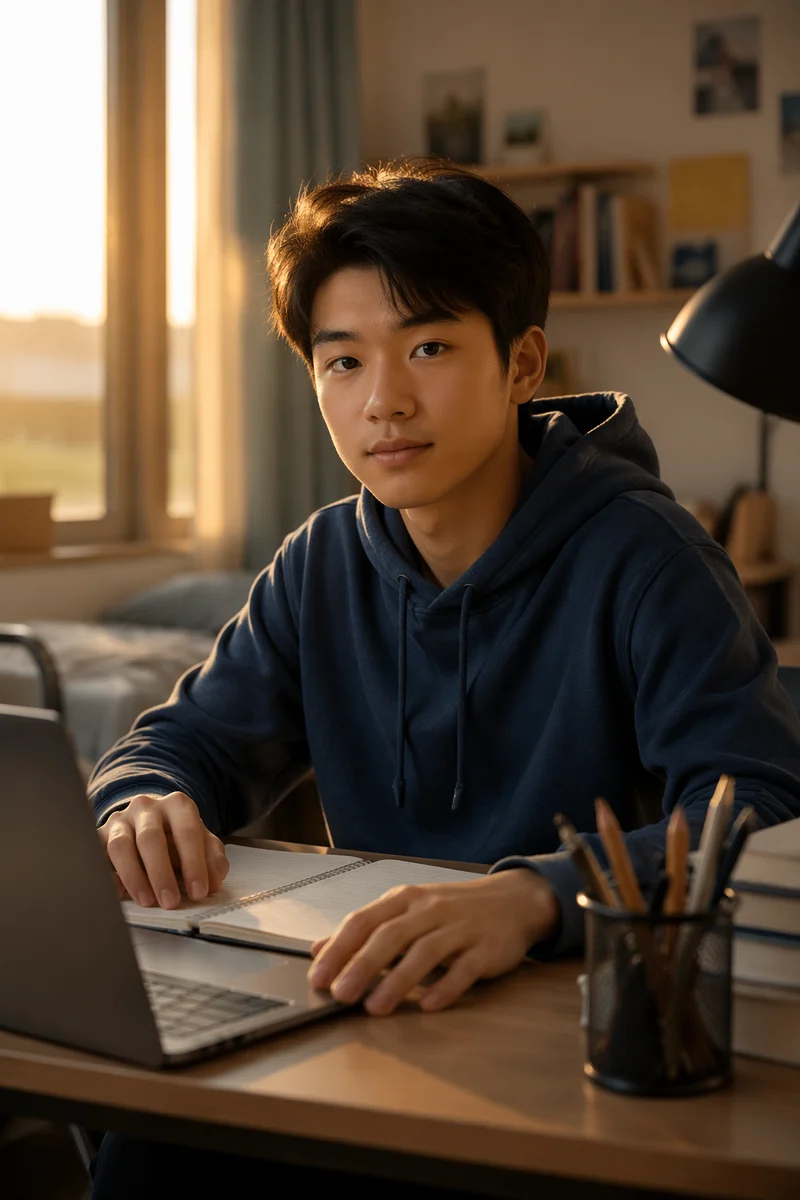 Confident East Asian Teen at Desk