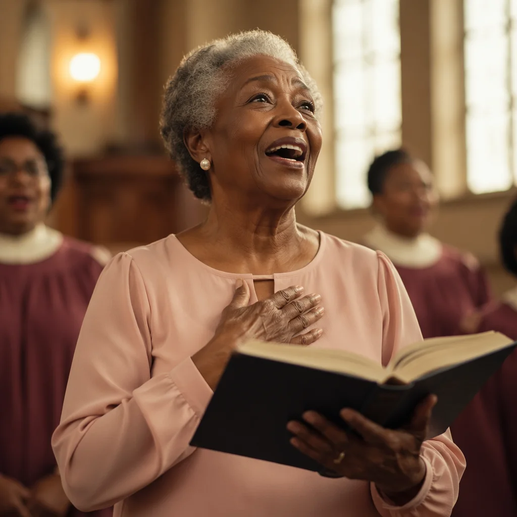 Elderly Choir Woman Singing Hymnal on Sunday