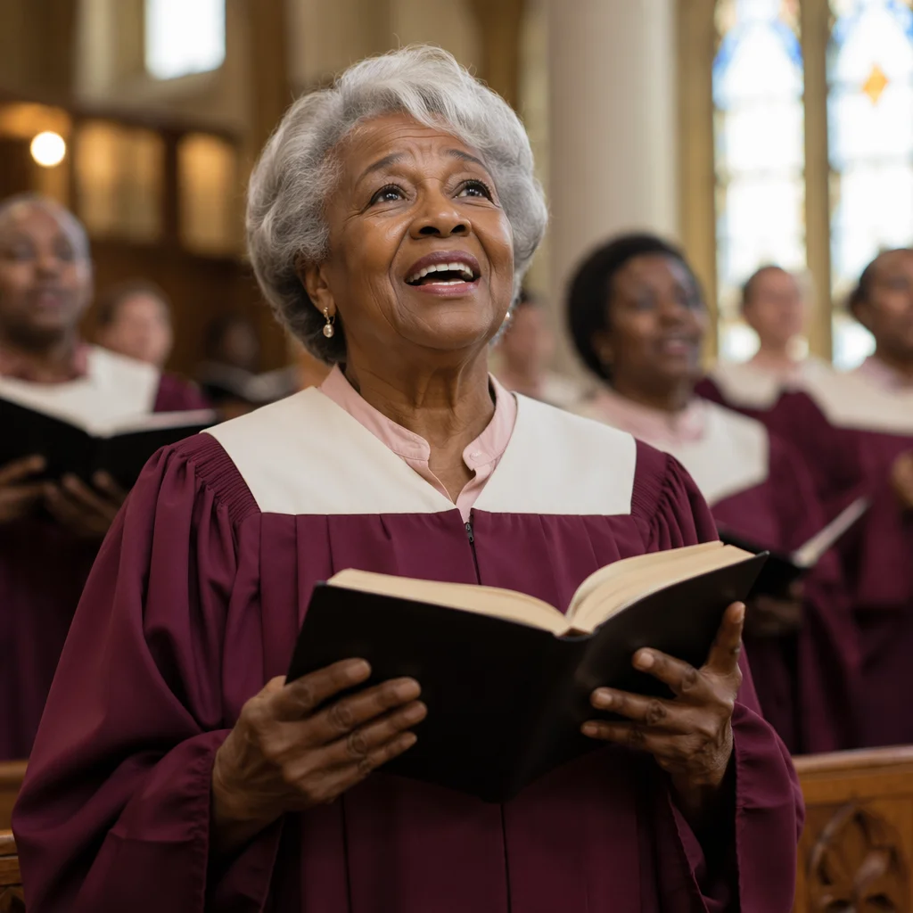 Elderly Choir Member Singing from Hymnal