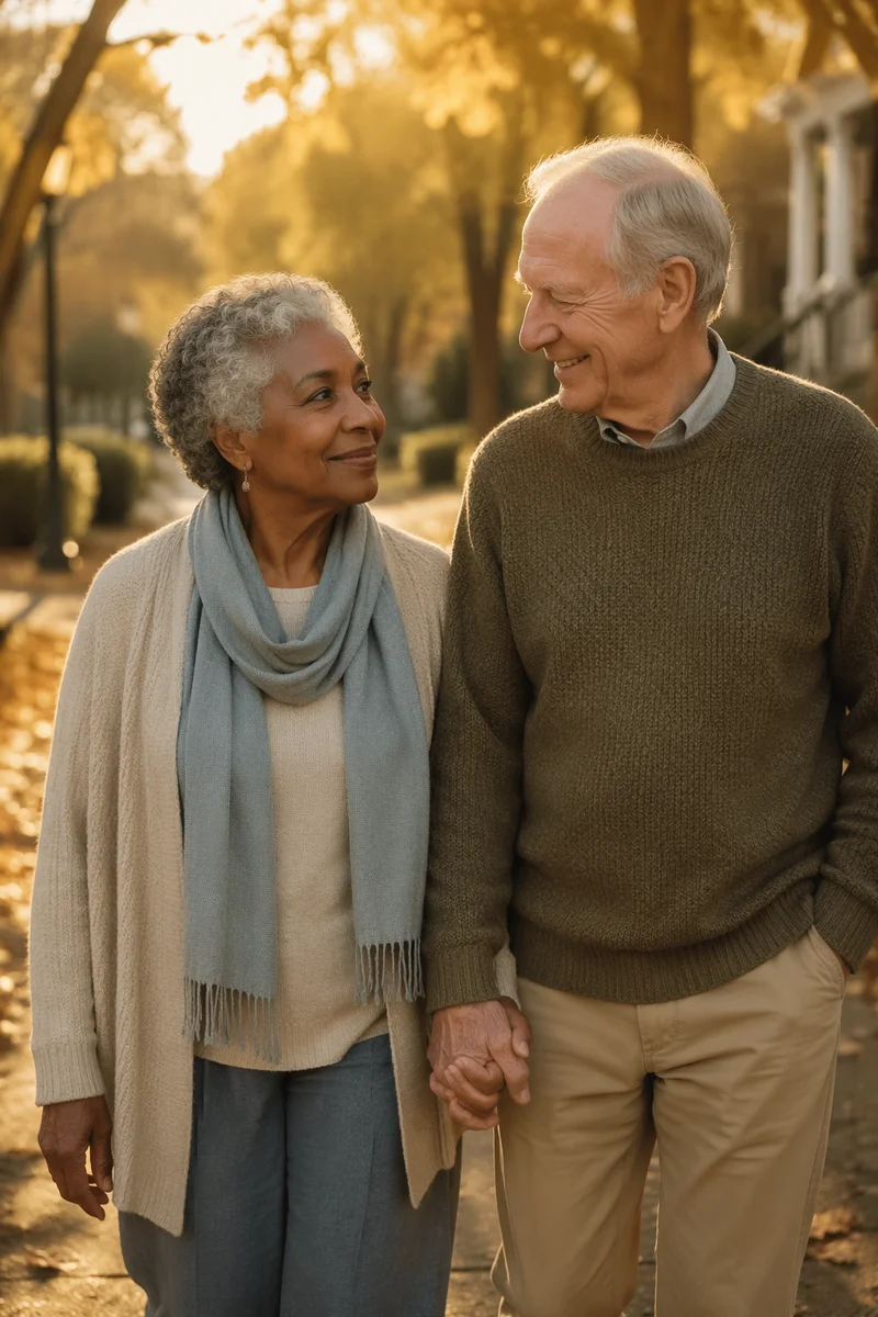 Elderly Interracial Couple Holding Hands Outdoors