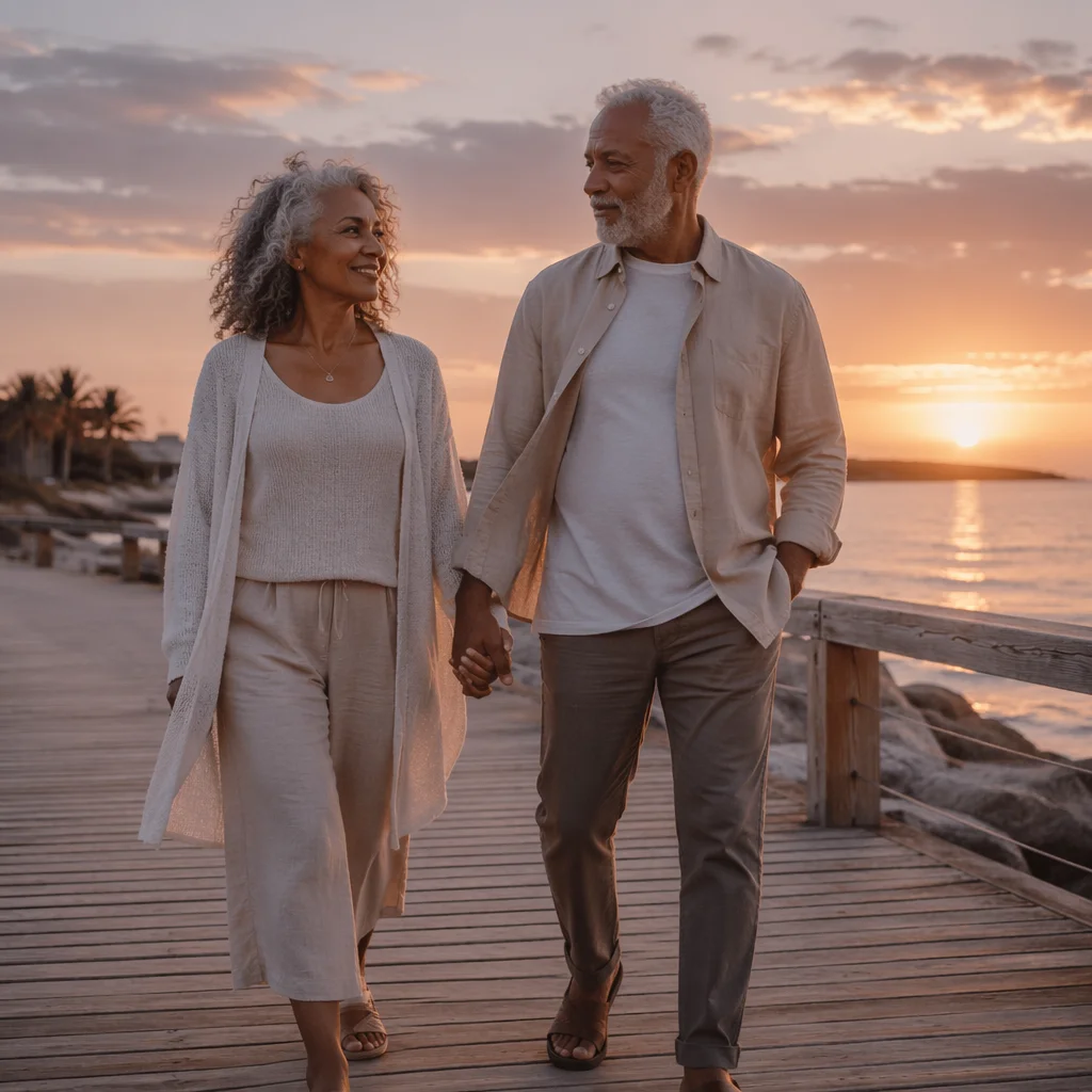 Elderly Couple Walking Seaside at Sunset