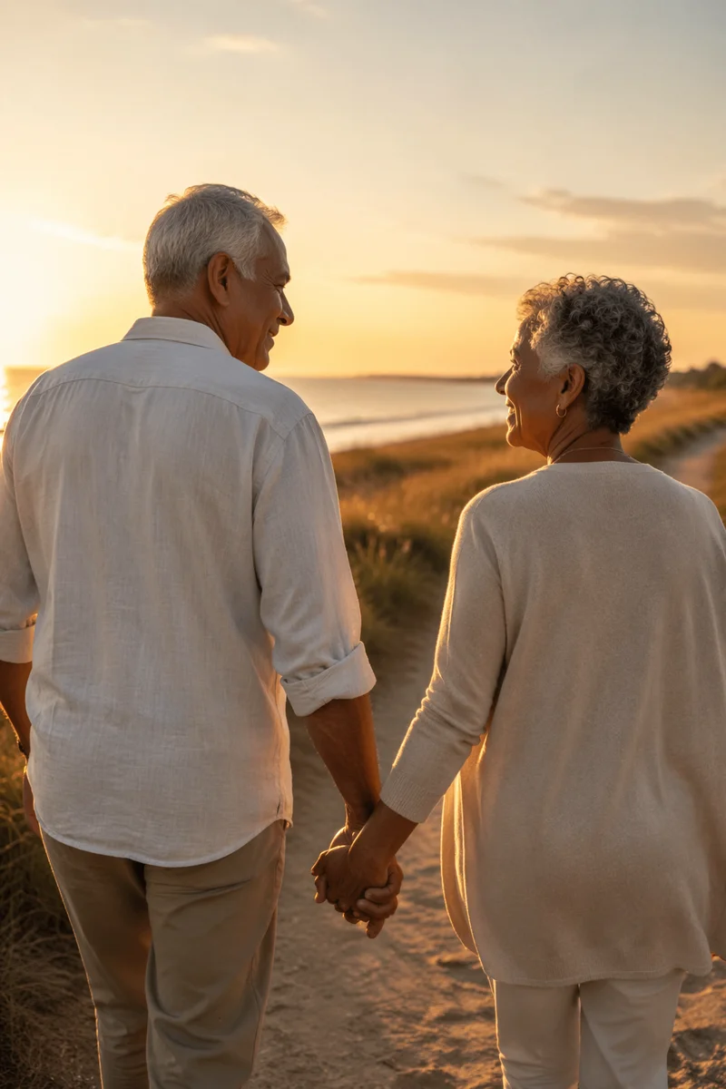 Elderly Couple Walking at Coastal Sunset