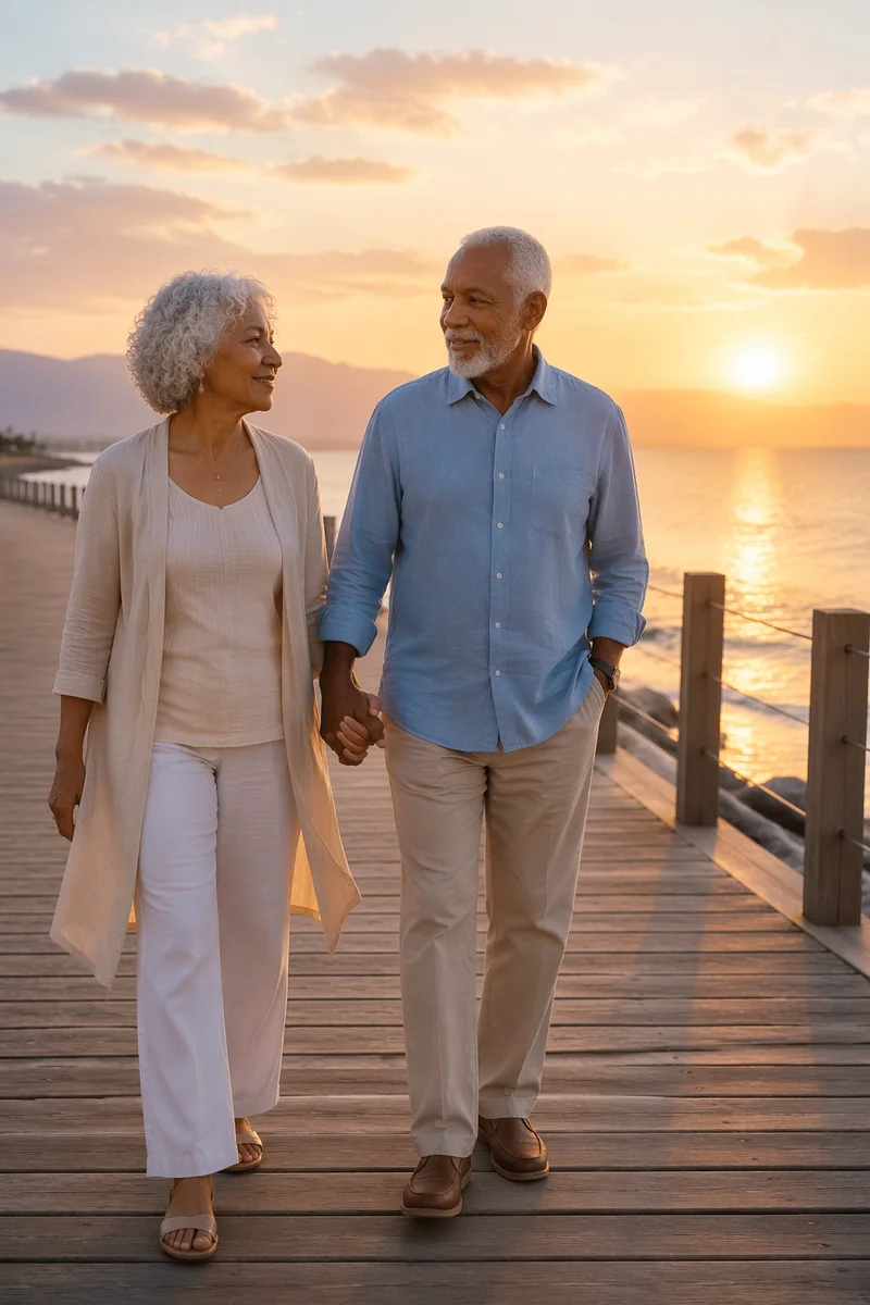 Elderly Couple Walking by Seaside Sunset