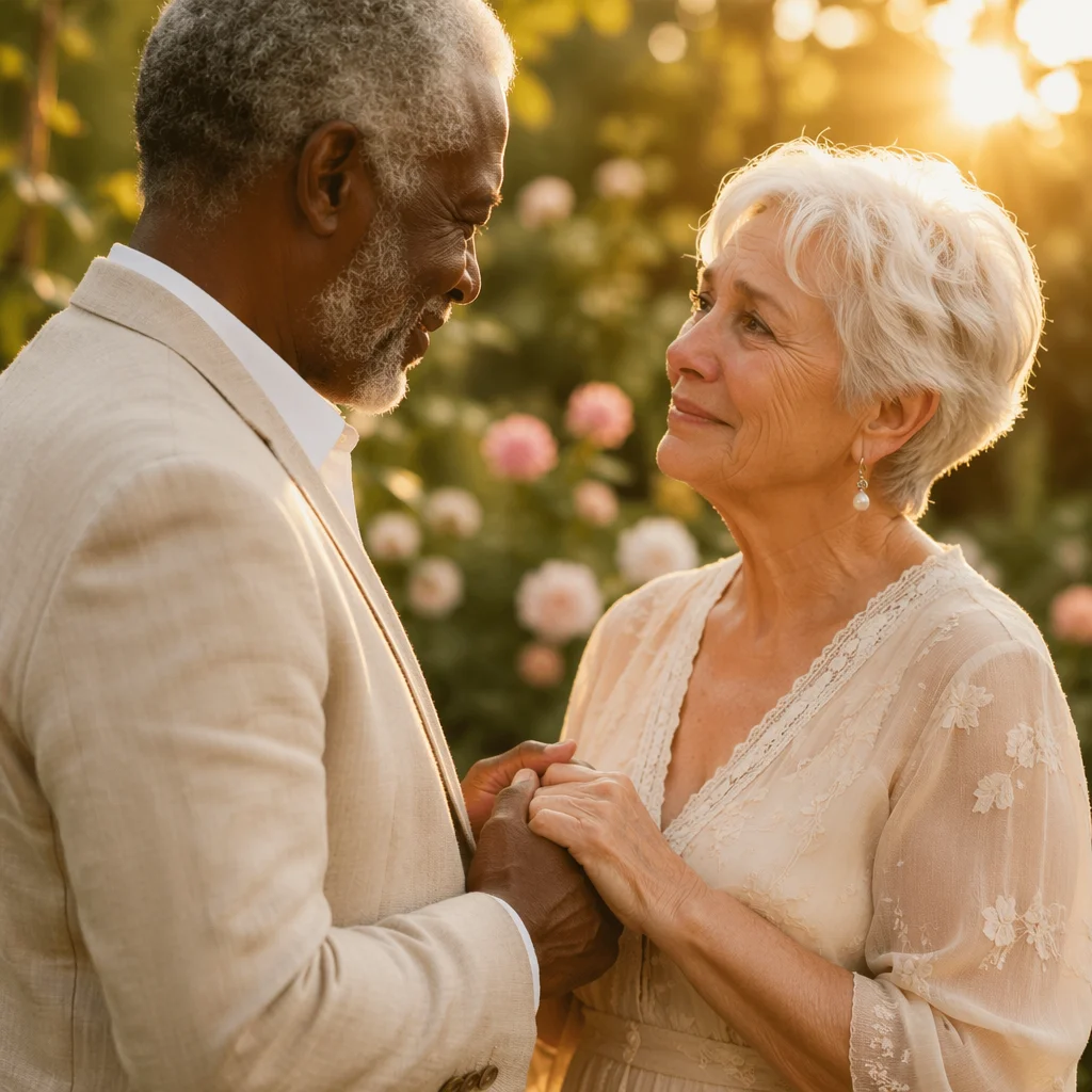 Elderly Couple Renewing Vows in Garden