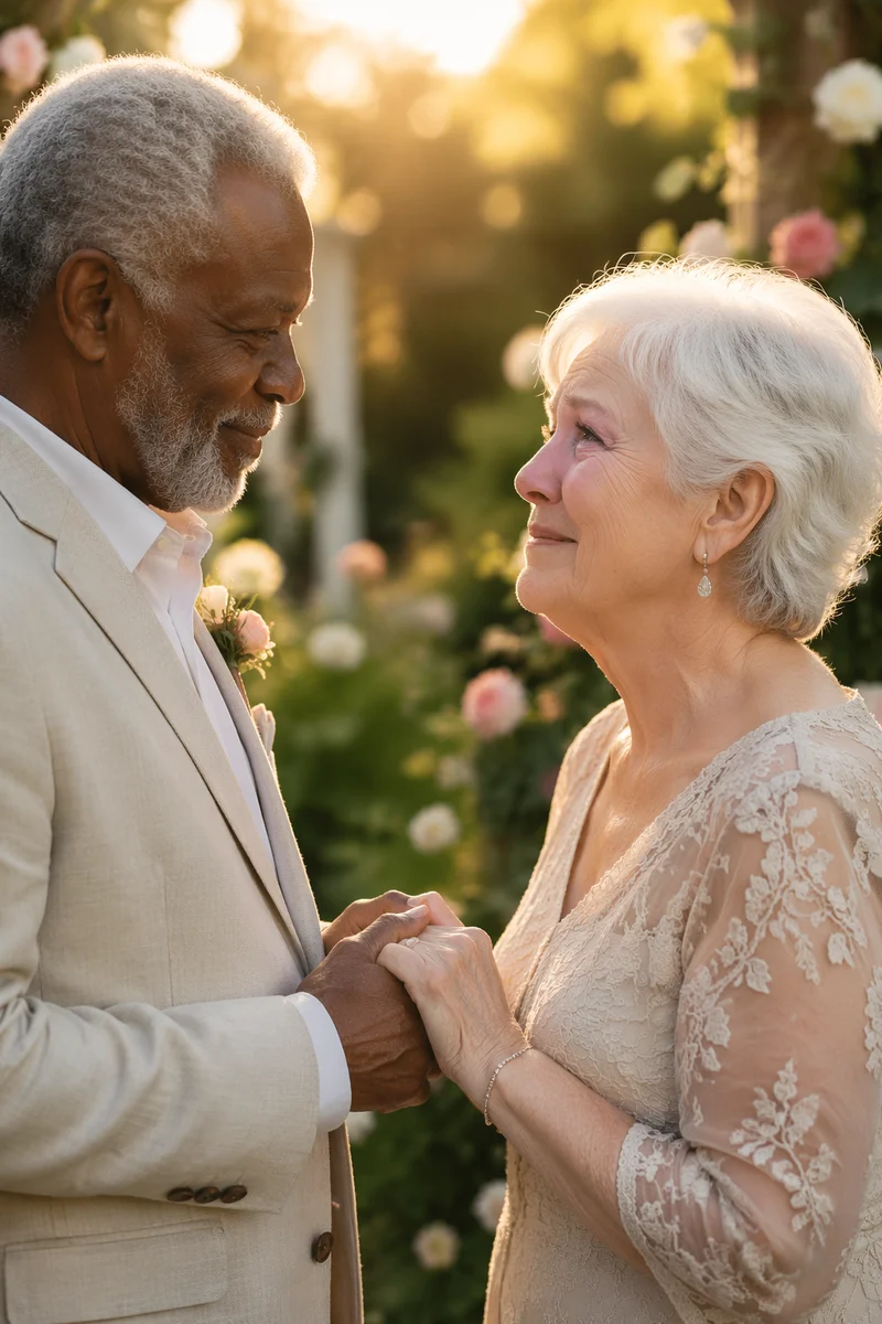 Elderly Couple Renewing Vows in Garden