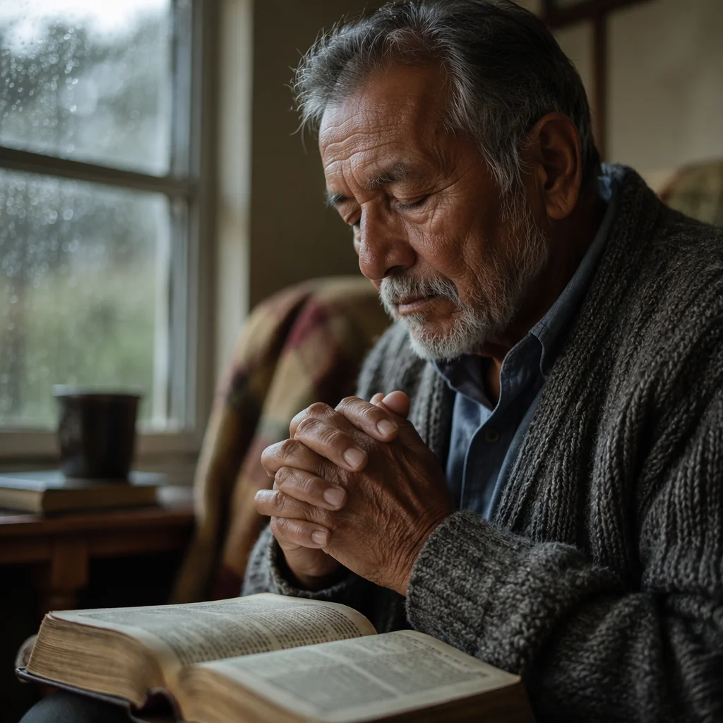 Elderly Man Praying by Window with Bible