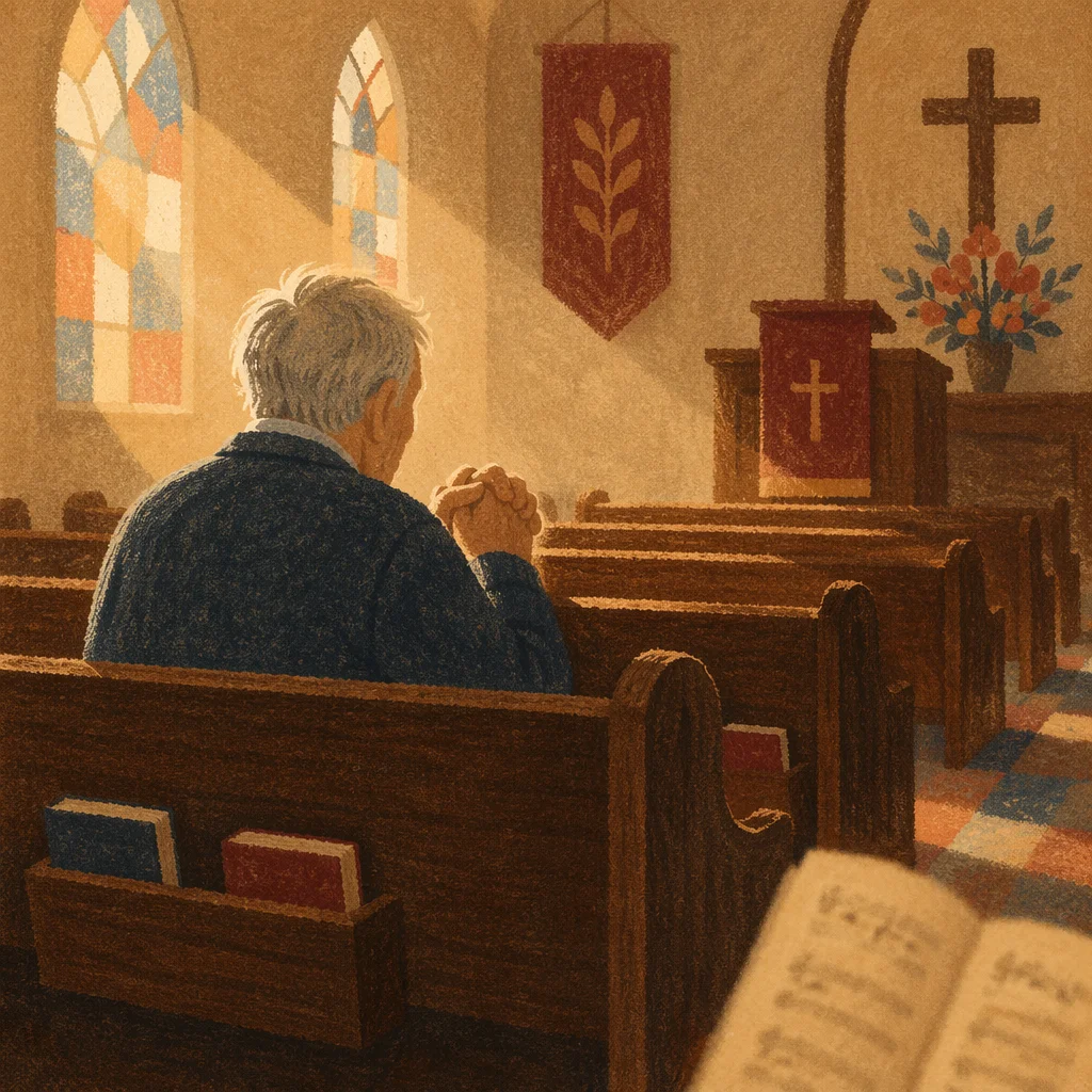 Elderly Man Praying Alone in Church