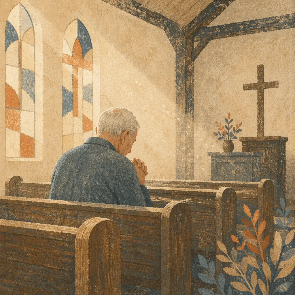 Elderly Man Praying Alone in Chapel