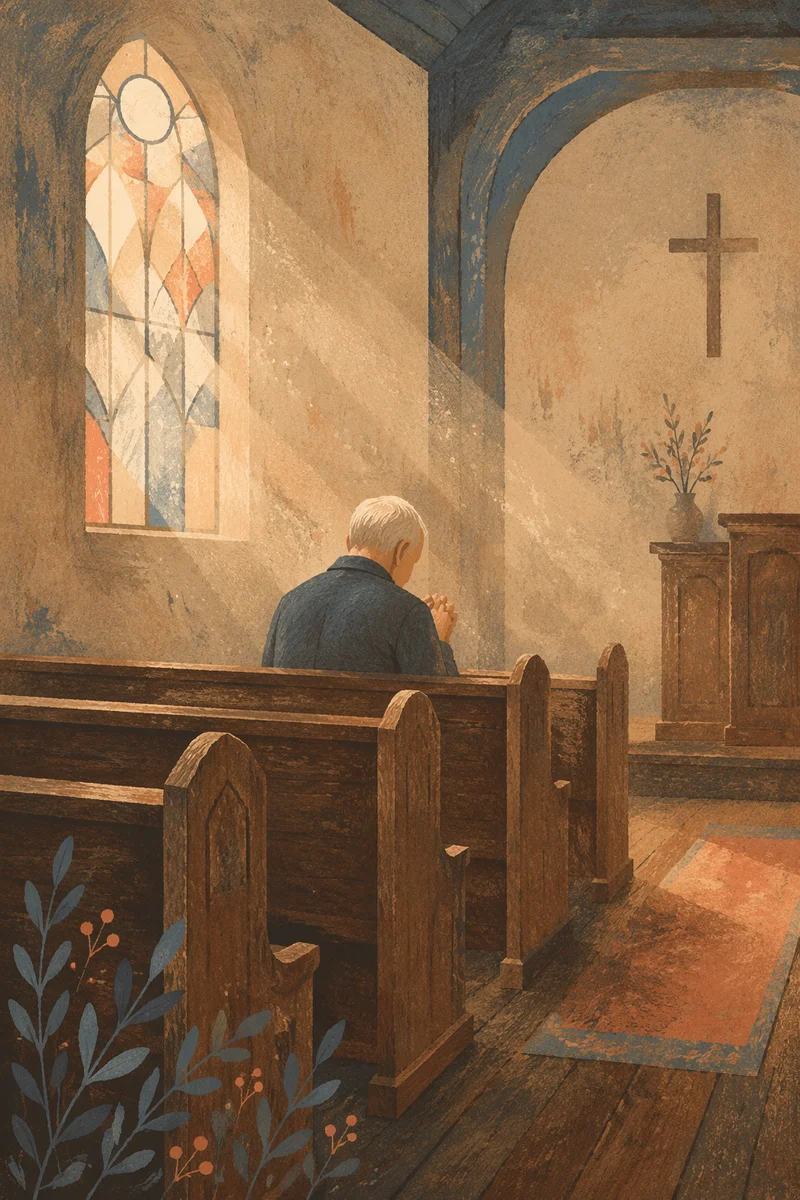 Elderly Man Praying Alone in Church