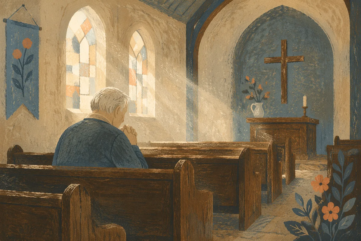 Elderly Man Praying Alone in Church