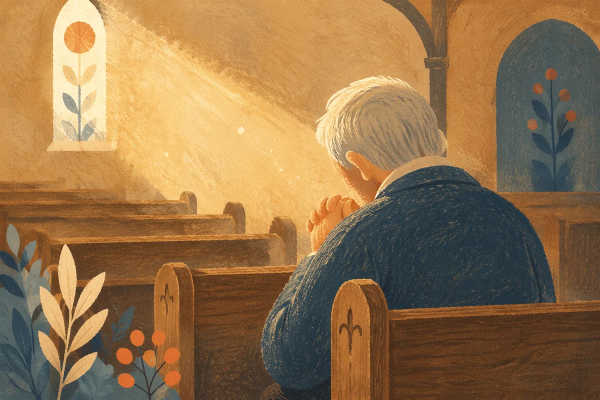 Elderly Man Praying Alone in Church