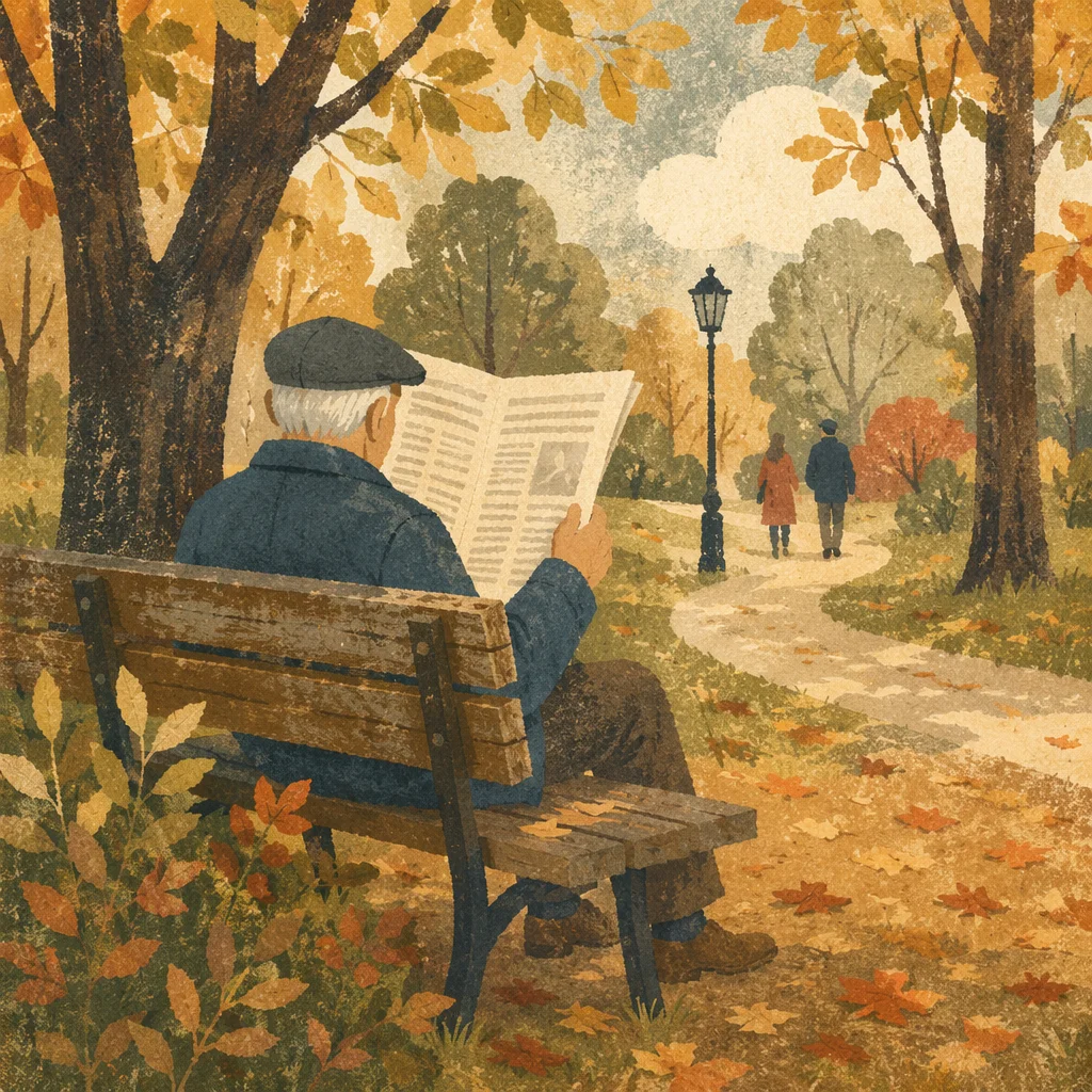 Elderly Man Reading Newspaper in Autumn Park