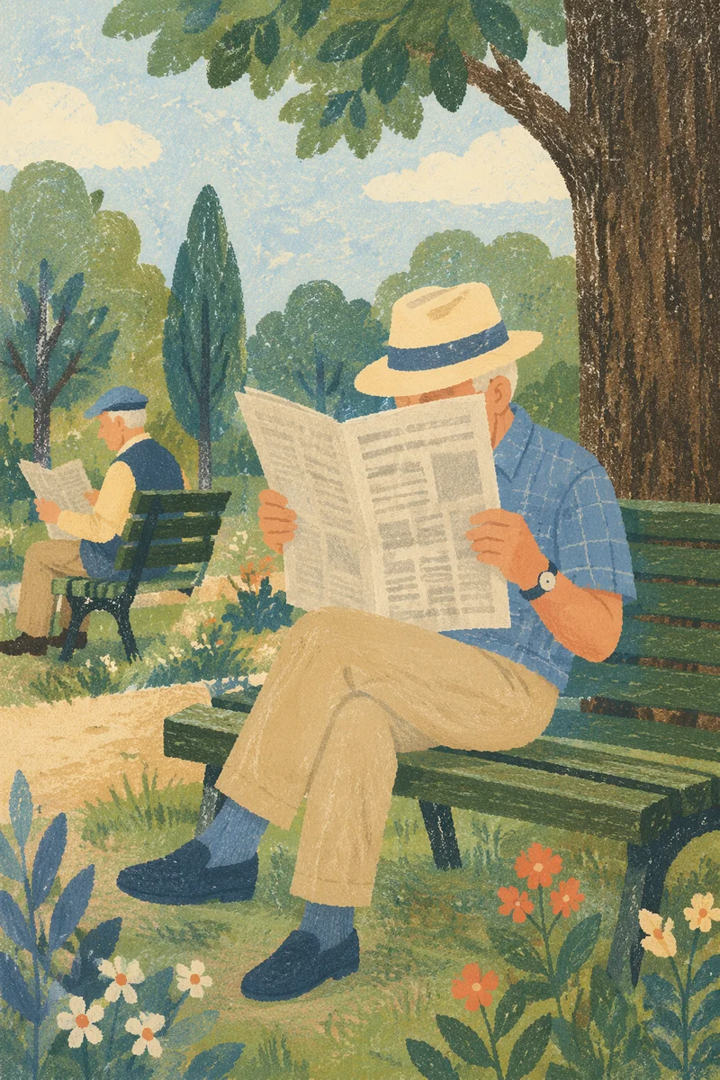Elderly Man Reading Newspaper on Park Bench
