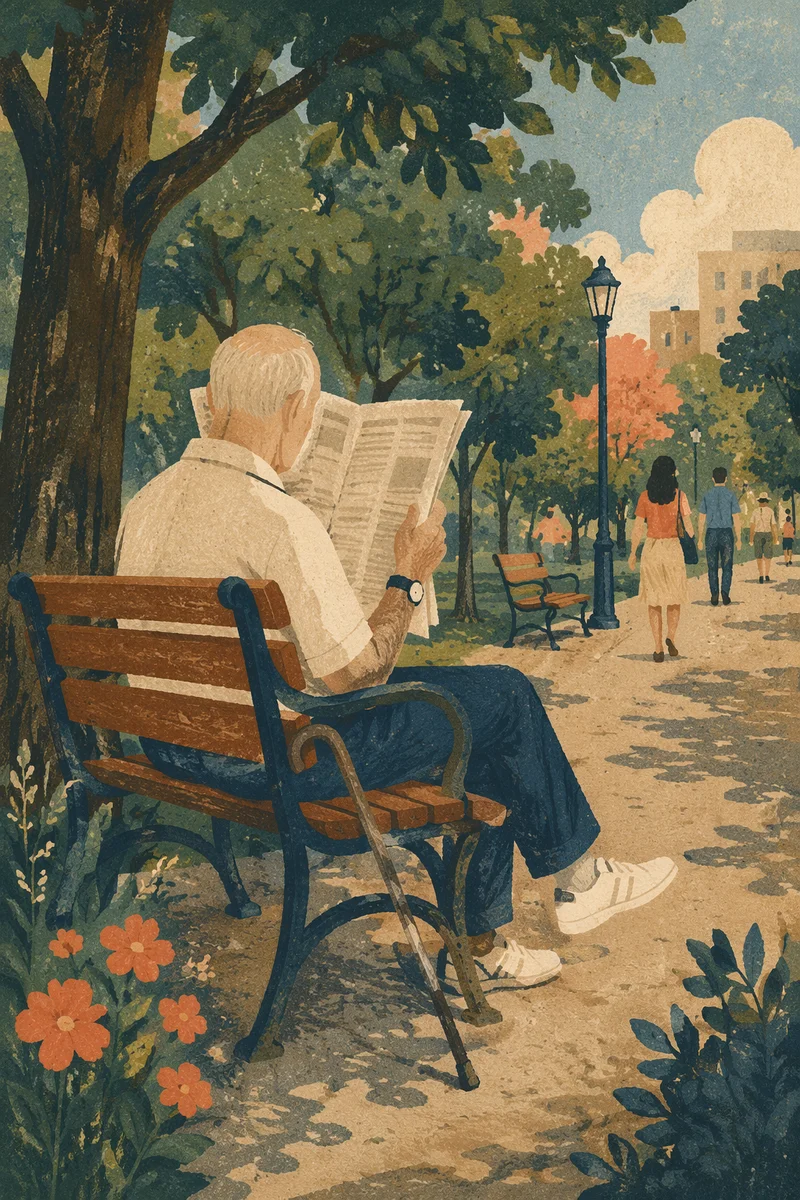 Elderly Man Reading Newspaper in Park